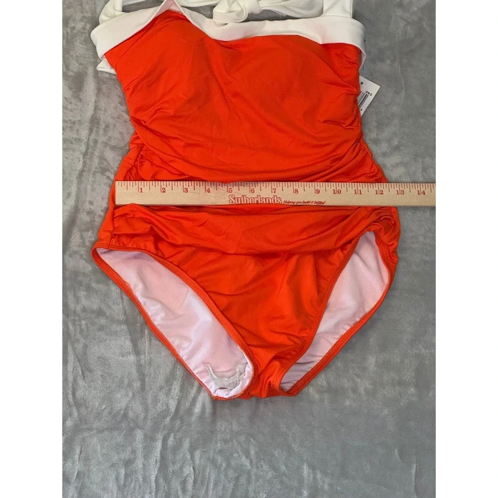 NWT Lauren Ralph Lauren Slimming Fit Halter One Piece Swimsuit Orange White 8 - Picture 9 of 9